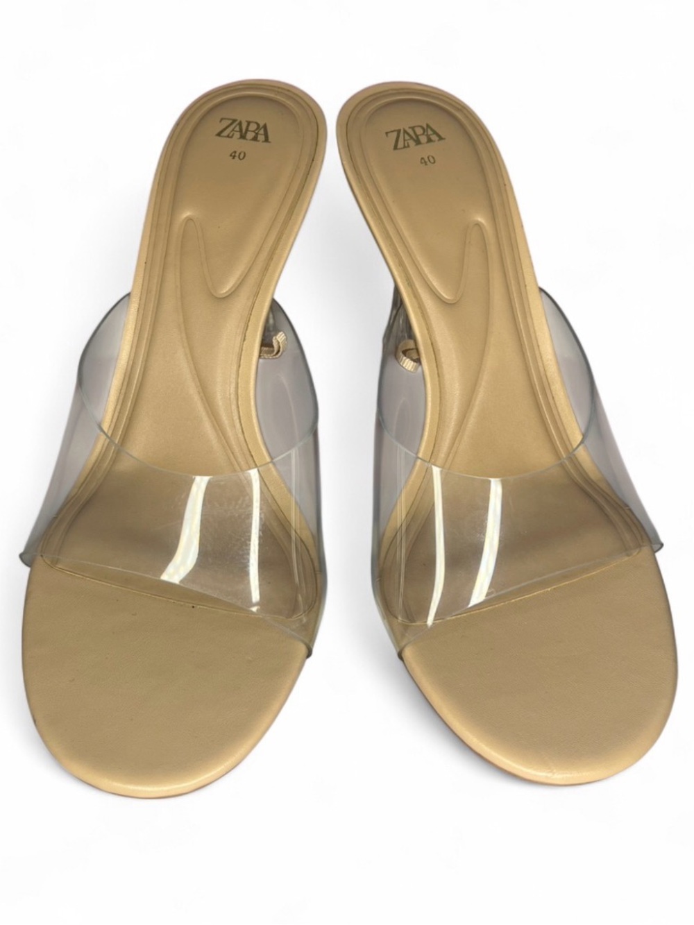 Women’s ZARA Laminated High Heeled Transparent Vinyl Front Strap Mule Sandals 9 - Picture 2 of 11